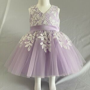 JJs House Flower Girl Wedding Tulle Lace Lilac Purple White Bow Dress‎ Size 3